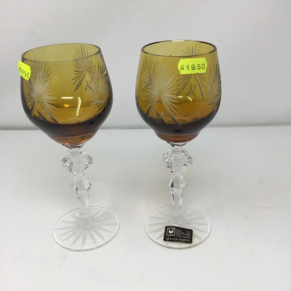 Von Marion Amber Cut to Clear Crystal Wine Glass Set of 2 Vintage Germany (C)